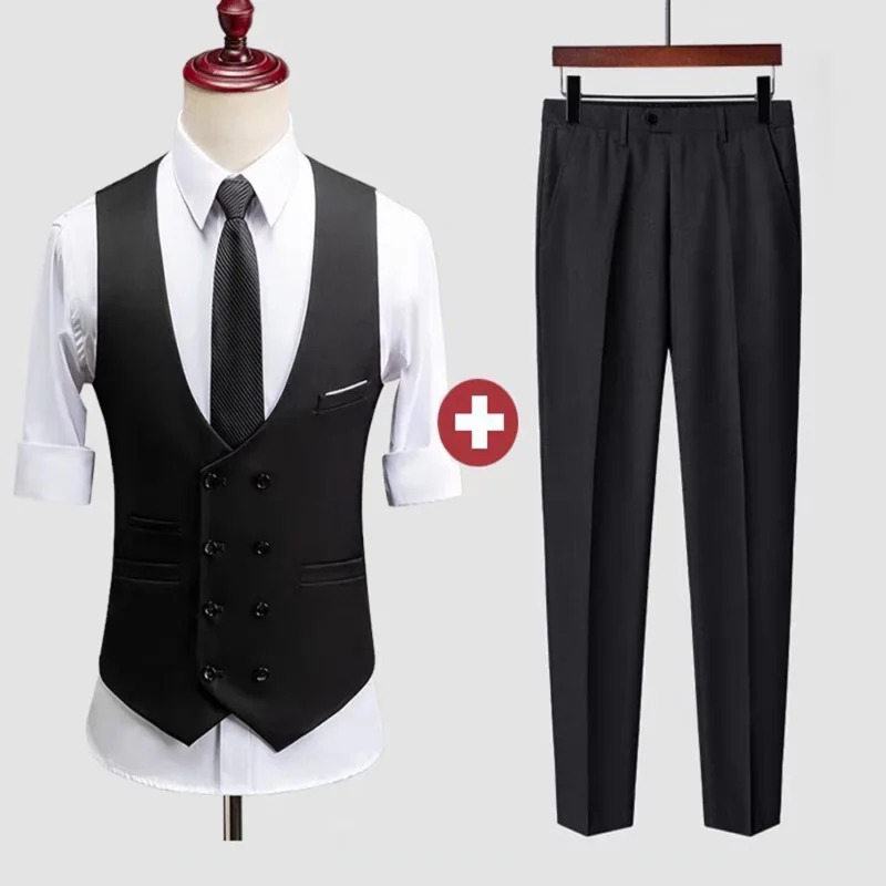 Customizable 2-Piece Set of Men's Slim Fit Double-Breasted Vest and Pant Formal Breathable Style - Image 4