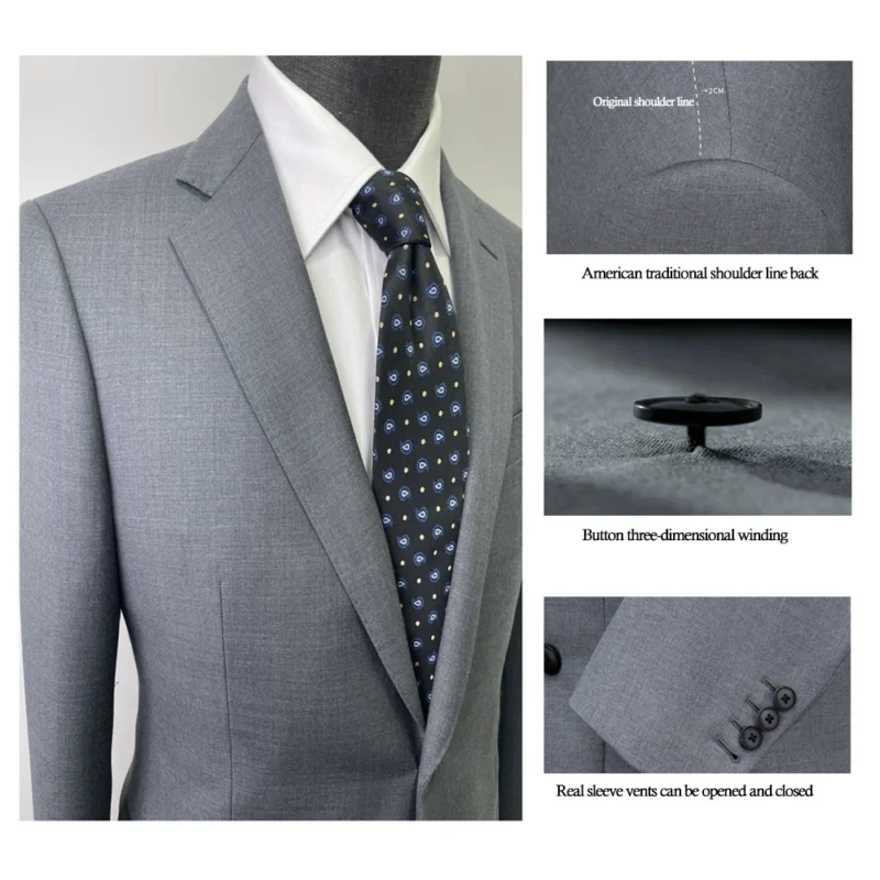 2-Piece  Men's  Grey  Suit Set Jacket Vest Pants-for Weddings Business & Office Clothing Production Factory - Image 3
