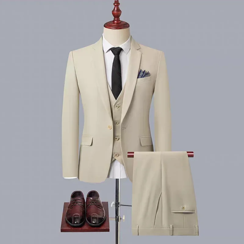 MEN 3 Piece Suit with a One-button Flat Lapel. Trousers and Vest  for Beige Wedding Suit Male Suit - Image 3