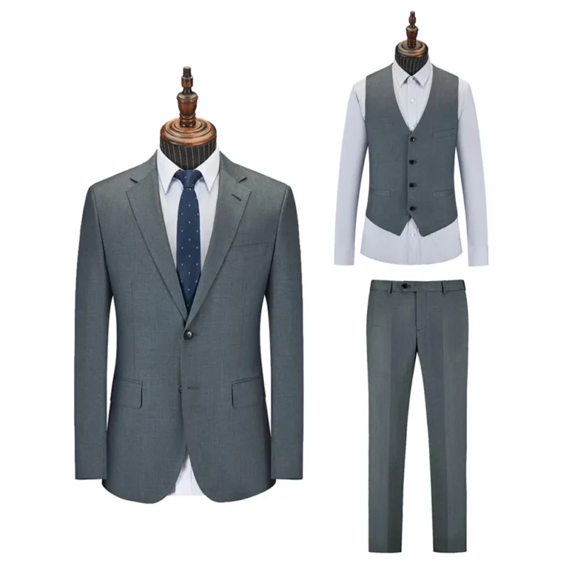 Men's High-End British 3-Piece Flat Grey Formal Wedding Suits Customizable Breathable Business Style Official Groom Outfit - Image 2