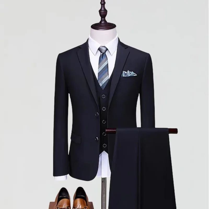 Men's Custom Luxury Business Suit 3-Piece Set with Two-Button Flat Lapel Breathable Trousers Vest - Image 4