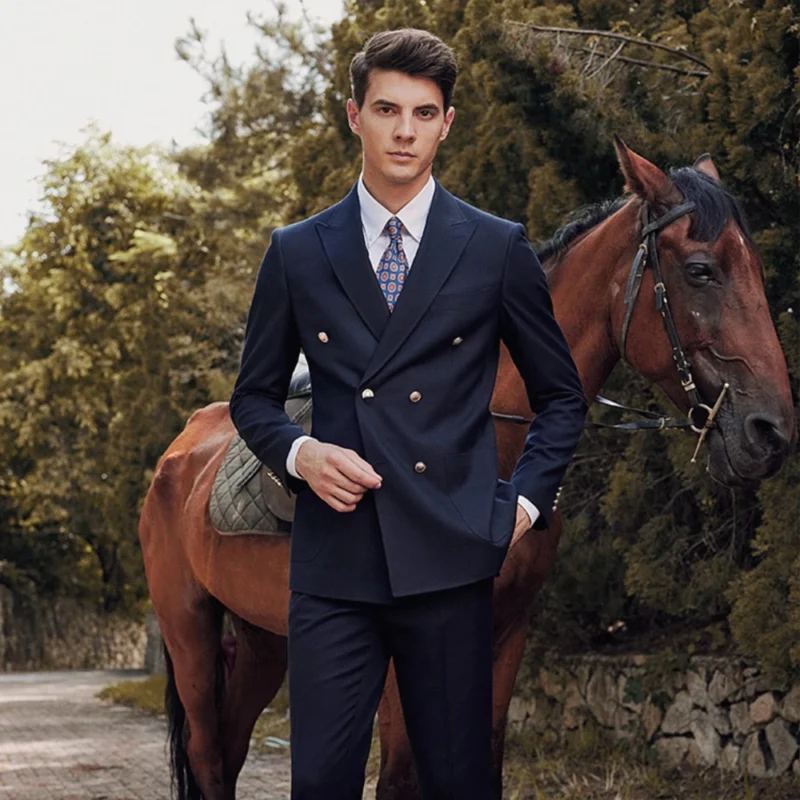 2 Pieces Men's Customizable Factory-Made Double-Breasted Business Suit Set Pure Wool Anti-Static Worsted Fabric - Image 2