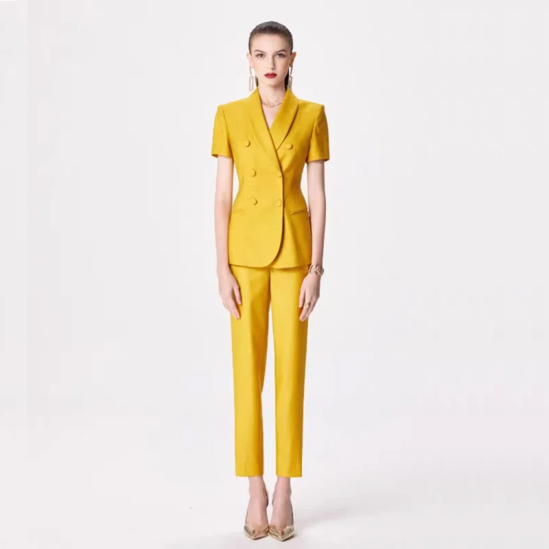 High Quality Two-Piece Set of Golden Short-Sleeved Blazers and Skirt Skinny Fit Formal Office Suits for Women - Image 5