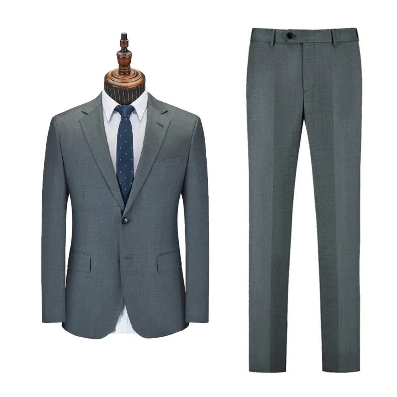 Men's High-End British 3-Piece Formal Groom Wedding Suits Breathable Worsted Flat Grey Customizable Business Style - Image 2