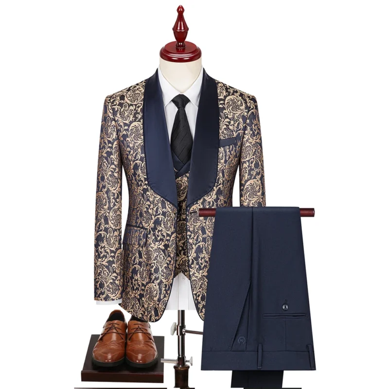 High-End British Style Court Dress 3-Piece Jacquard Fabric Banquet Suit Single Breasted Closure Button Fly Pants Flat Breathable - Image 2