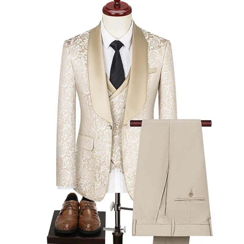 High-End British Style Court Dress 3-Piece Jacquard Fabric Banquet Suit Single Breasted Closure Button Fly Pants Flat Breathable - Image 3