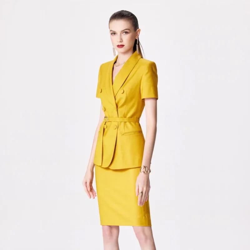 High Quality Two-Piece Set of Golden Short-Sleeved Blazers and Skirt Skinny Fit Formal Office Suits for Women - Image 2