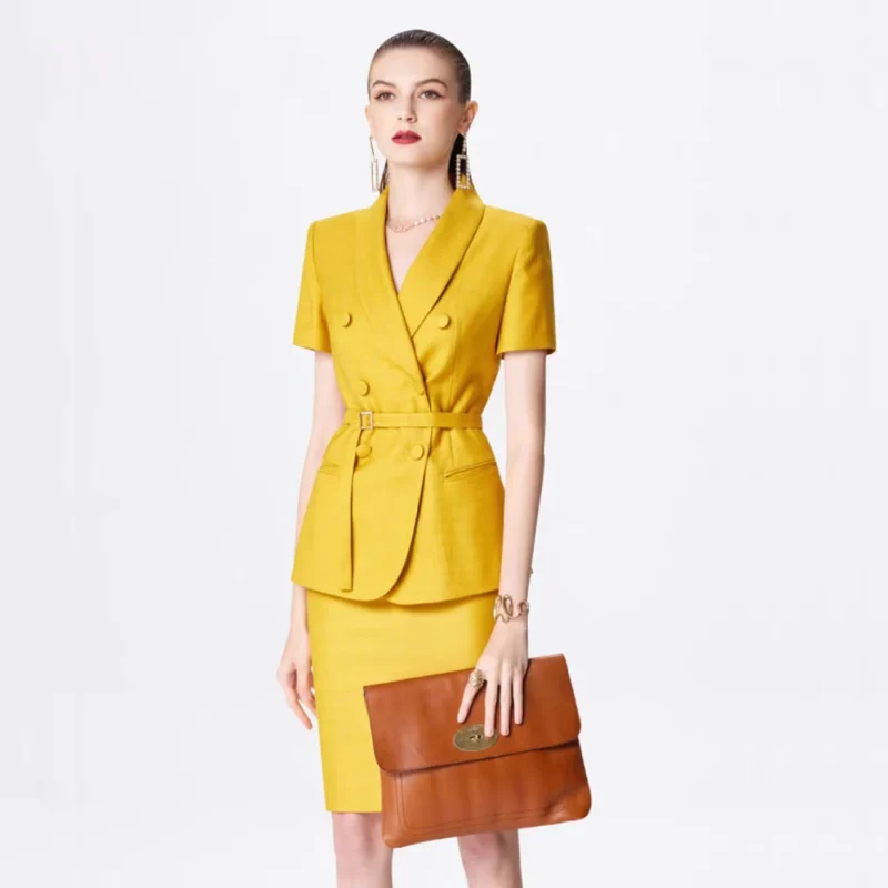 High Quality Two-Piece Set of Golden Short-Sleeved Blazers and Skirt Skinny Fit Formal Office Suits for Women - Image 3