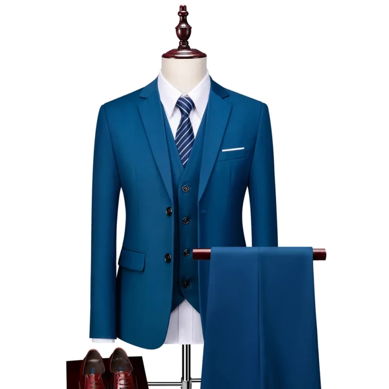 Men's Slim Style Single-Breasted Wedding Suit Zippered Front Opening Flat Lapel Breathable Business Pants for 3 Pieces