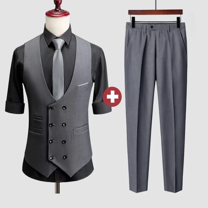 Customizable 2-Piece Set of Men's Slim Fit Double-Breasted Vest and Pant Formal Breathable Style - Image 2