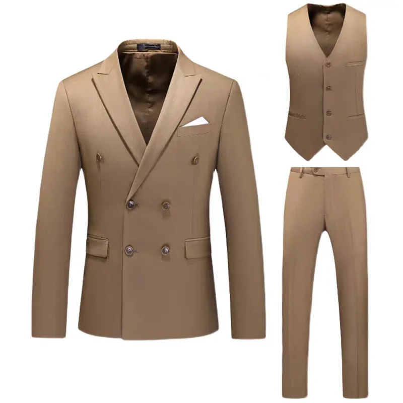 Men's High Quality 3-Piece Wedding Suit Set Double-Breasted Formal Blazer Lapel Slim Zipper Viscose Material for Business Prom - Image 3
