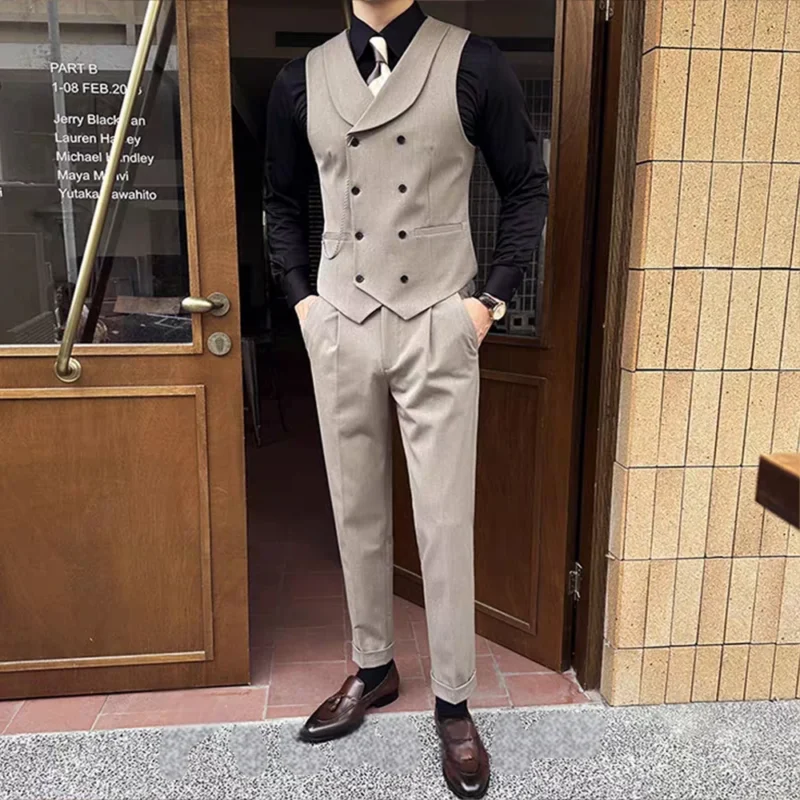 Customizable 2-Piece Set of Men's Slim Fit Double-Breasted Flip Collar Vest and Pant Formal Style with Breathable Feature - Image 4
