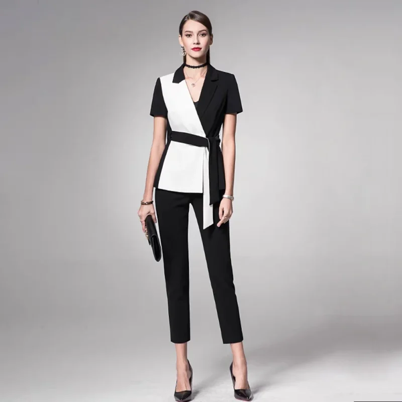 2025 Summer Professional Women's Fashion Elegant Workwear New 2-Piece Set-Black White Patchwork Skirt Suit Formal Skinny Fit - Image 4