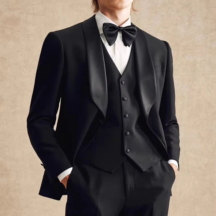 Black 3 Piece Groom's Formal Suit. Green Fruit Bow Tie Wedding Dress for Men Fashion Suit