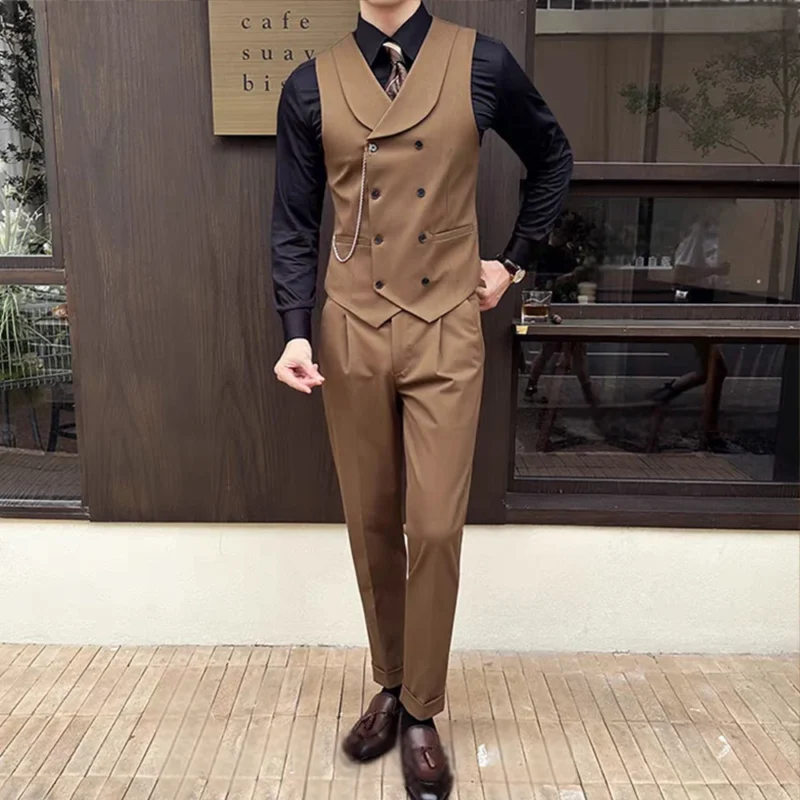 Customizable 2-Piece Set of Men's Slim Fit Double-Breasted Flip Collar Vest and Pant Formal Style with Breathable Feature - Image 3