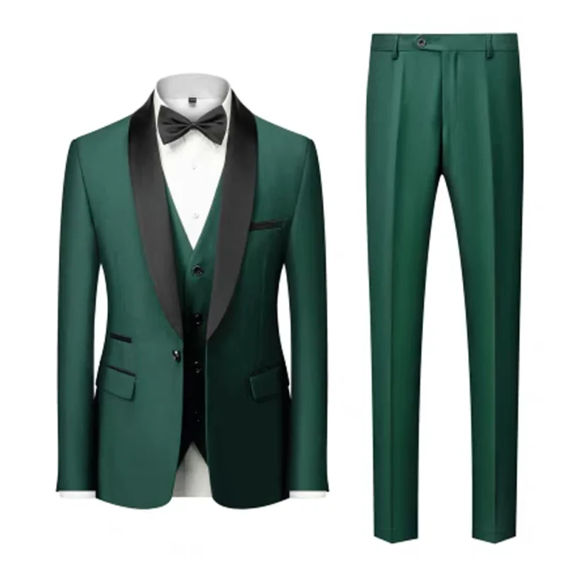3-Piece Men's Business Suits Set Black and Green Fruit-Neck Waistcoat with Pants and Vest for Weddings and Ceremonies - Image 4