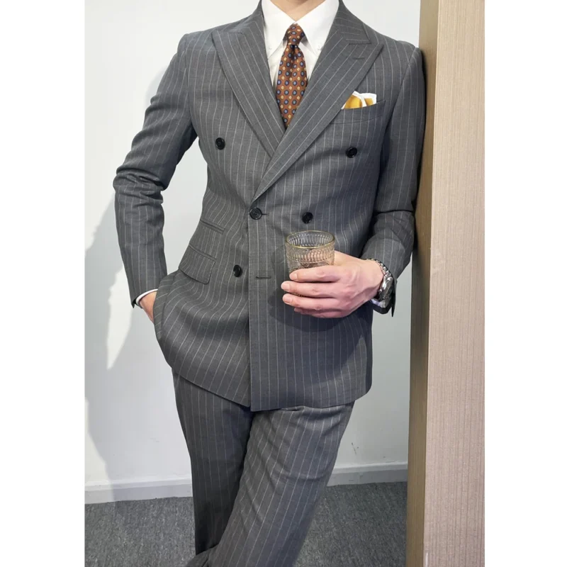 Hot Selling Men's Formal Business Office Suits 2-Piece Striped Thin Lapel Customizable Wedding Suit Breathable-Wholesale - Image 4