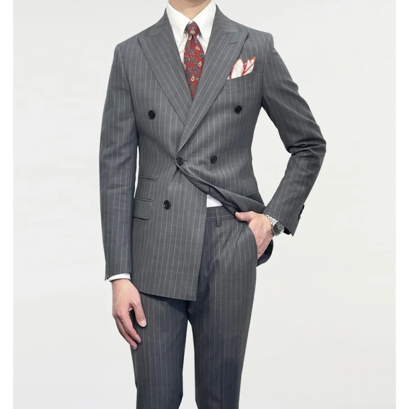 Hot Selling Men's Formal Business Office Suits 2-Piece Striped Thin Lapel Customizable Wedding Suit Breathable-Wholesale - Image 3