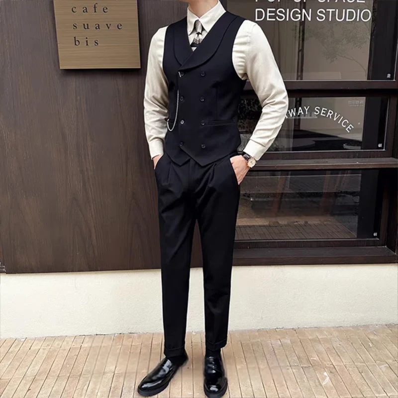 Customizable 2-Piece Set of Men's Slim Fit Double-Breasted Flip Collar Vest and Pant Formal Style Breathable Feature - Image 5