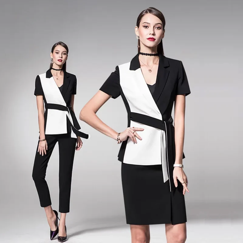 2025 Summer Professional Women's Fashion Elegant Workwear New 2-Piece Set-Black White Patchwork Skirt Suit Formal Skinny Fit - Image 5