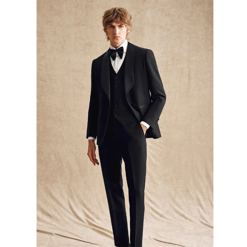 Black Single Breasted Zipper Fly 3-Piece Men's Formal Wedding Dress Breathable Pants Suits with Fruit Bow Tie Plus Size Option