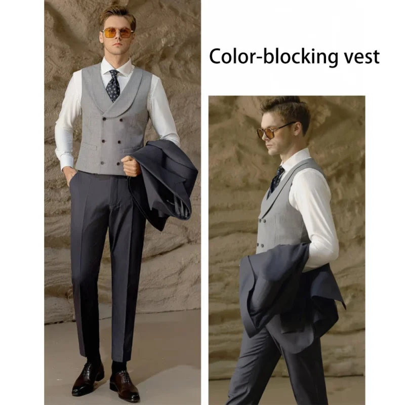 High Quality Customizable Business Office Suit Set Iron-Gray One-Button Gun-Shaped Lapel Pants Vest with Single Breasted Closure - Image 3