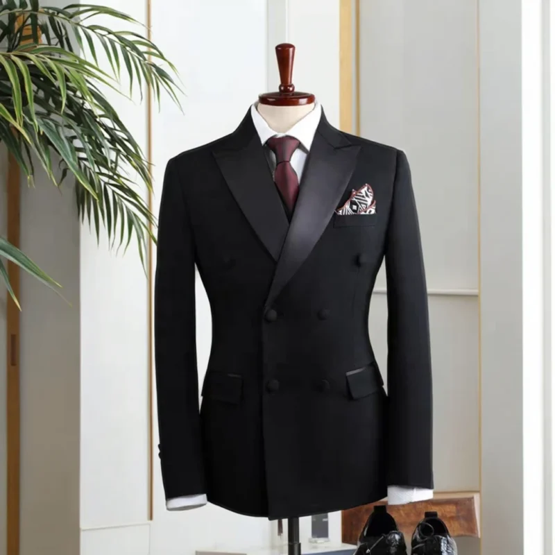 Manufacturer Customized High Quality Men's Slim Fit 3-Piece Business Suit Black Double Breasted Breathable Worsted Button Fly - Image 2