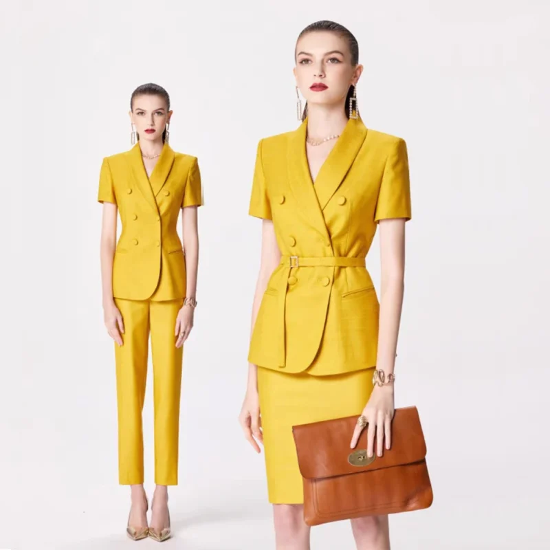 High Quality Two-Piece Set of Golden Short-Sleeved Blazers and Skirt Skinny Fit Formal Office Suits for Women - Image 4