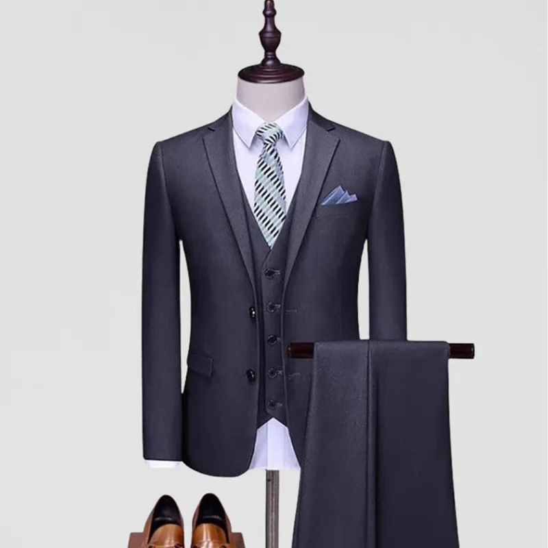 Men's Custom Luxury Business Suit 3-Piece Set with Two-Button Flat Lapel Breathable Trousers Vest - Image 2