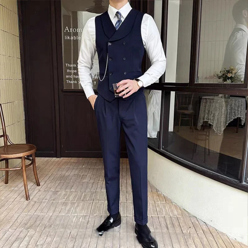 Customizable 2-Piece Set of Men's Slim Fit Double-Breasted Flip Collar Vest and Pant Formal Style Breathable Feature - Image 4