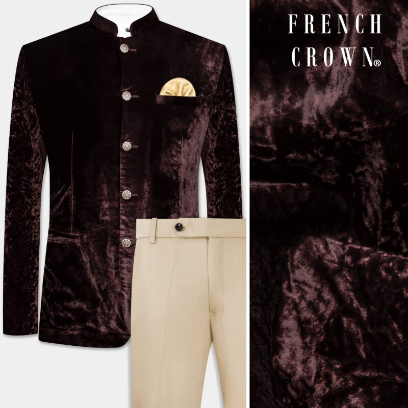 Asphalt Brown Crushed Velvet Bandhgala Suit