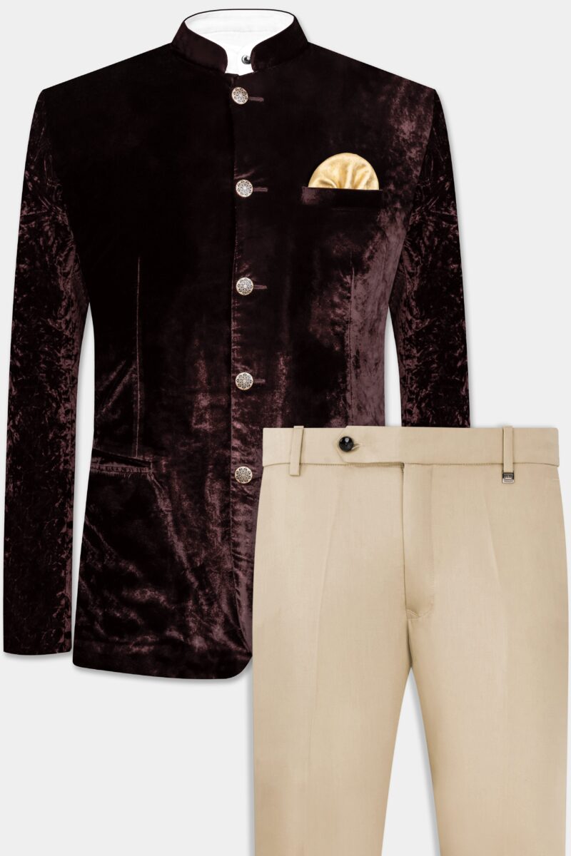 Asphalt Brown Crushed Velvet Bandhgala Suit - Image 2