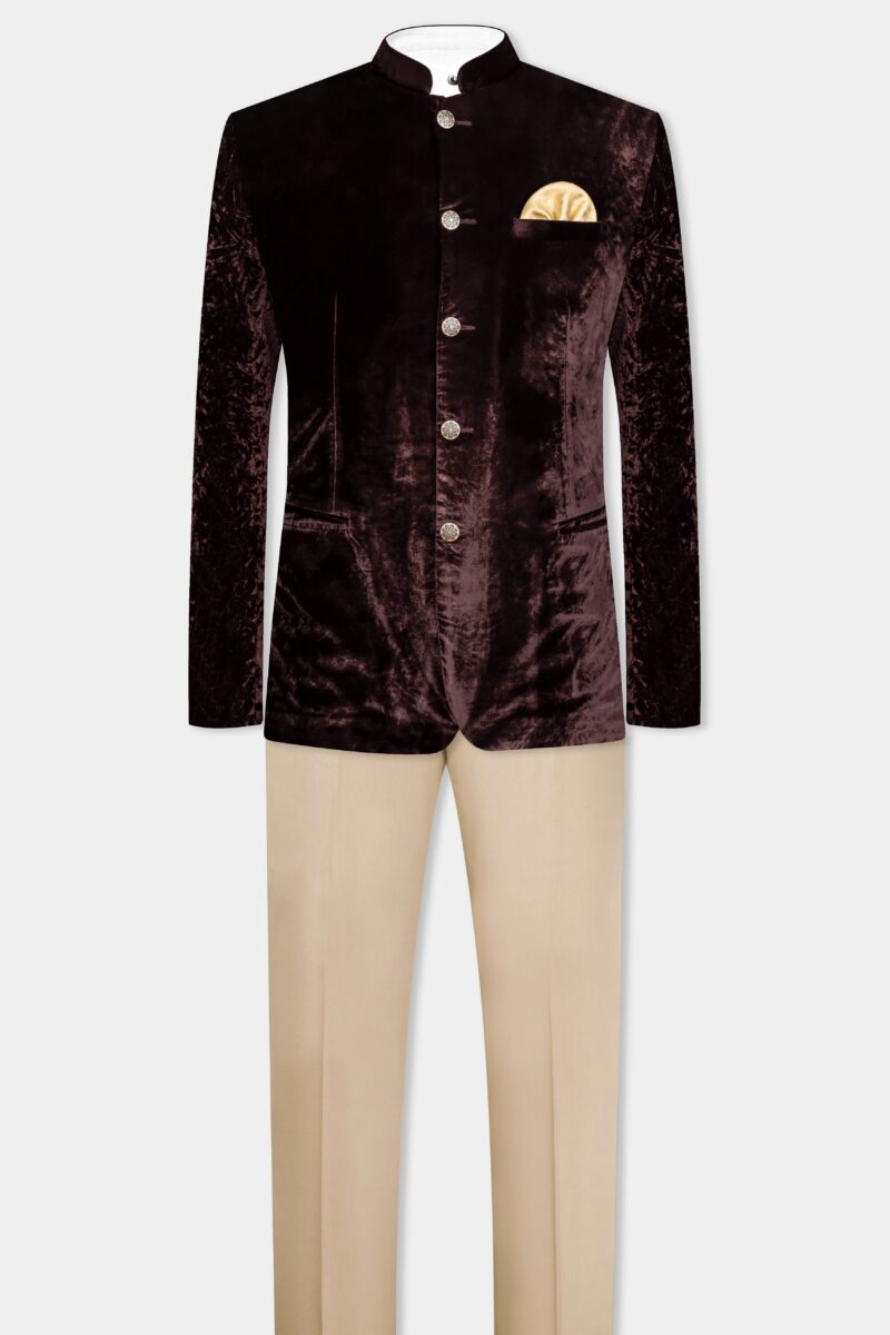 Asphalt Brown Crushed Velvet Bandhgala Suit - Image 4