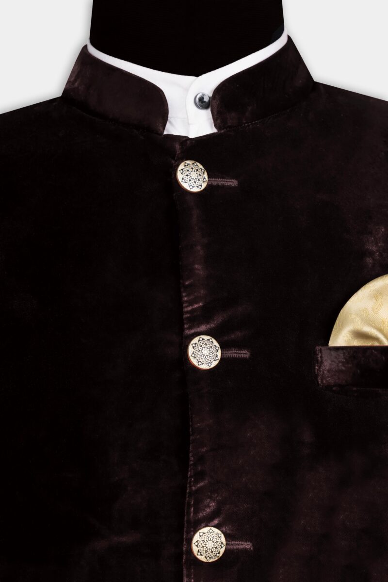 Asphalt Brown Crushed Velvet Bandhgala Suit - Image 5