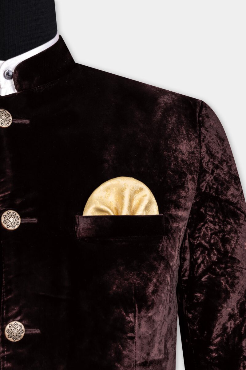 Asphalt Brown Crushed Velvet Bandhgala Suit - Image 7