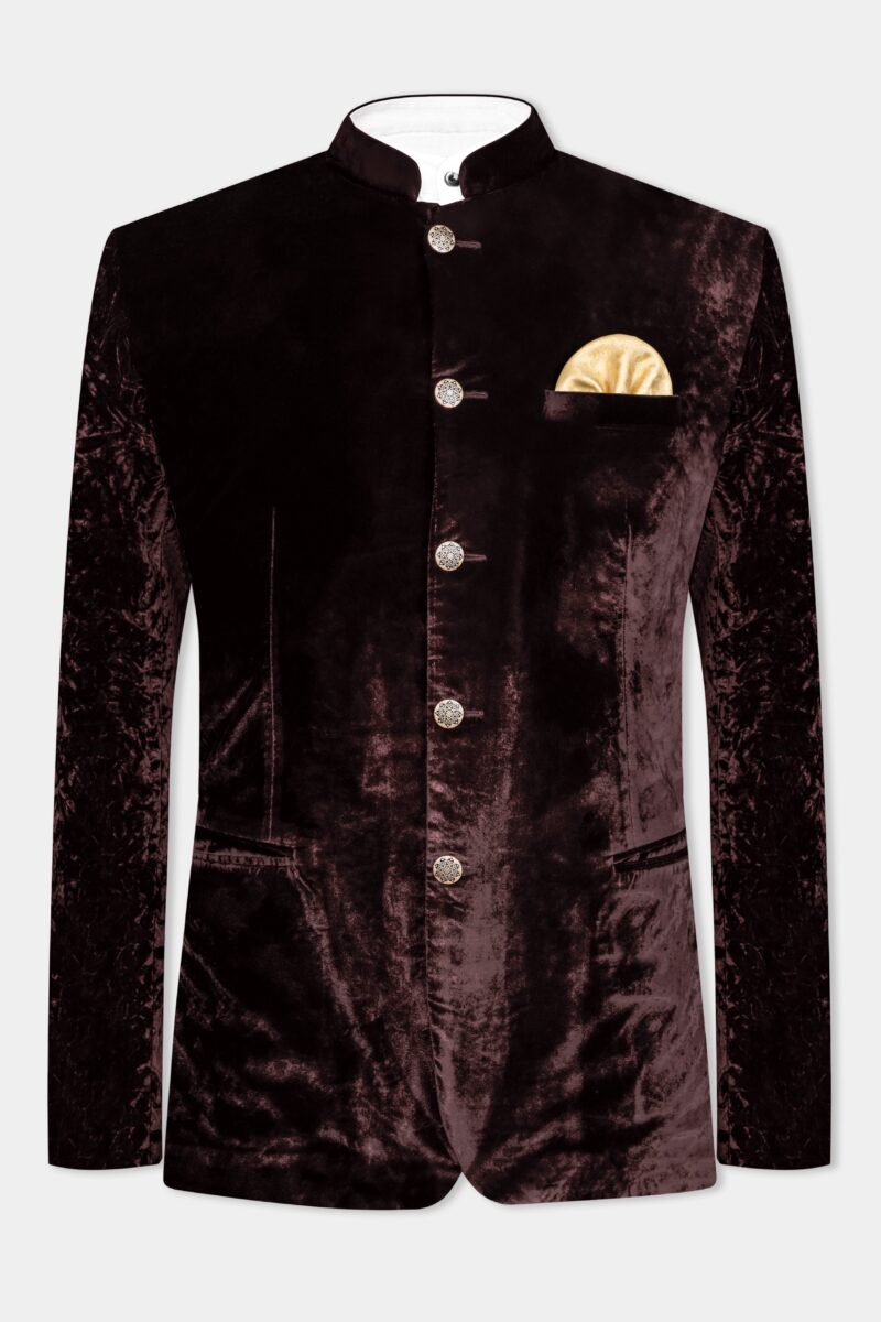 Asphalt Brown Crushed Velvet Bandhgala Suit - Image 9