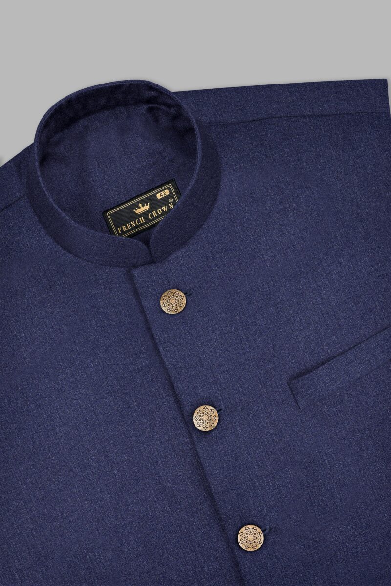 Ebony Clay Blue Textured Wool Blend Cross Placket Bandhgala Suit - Image 17
