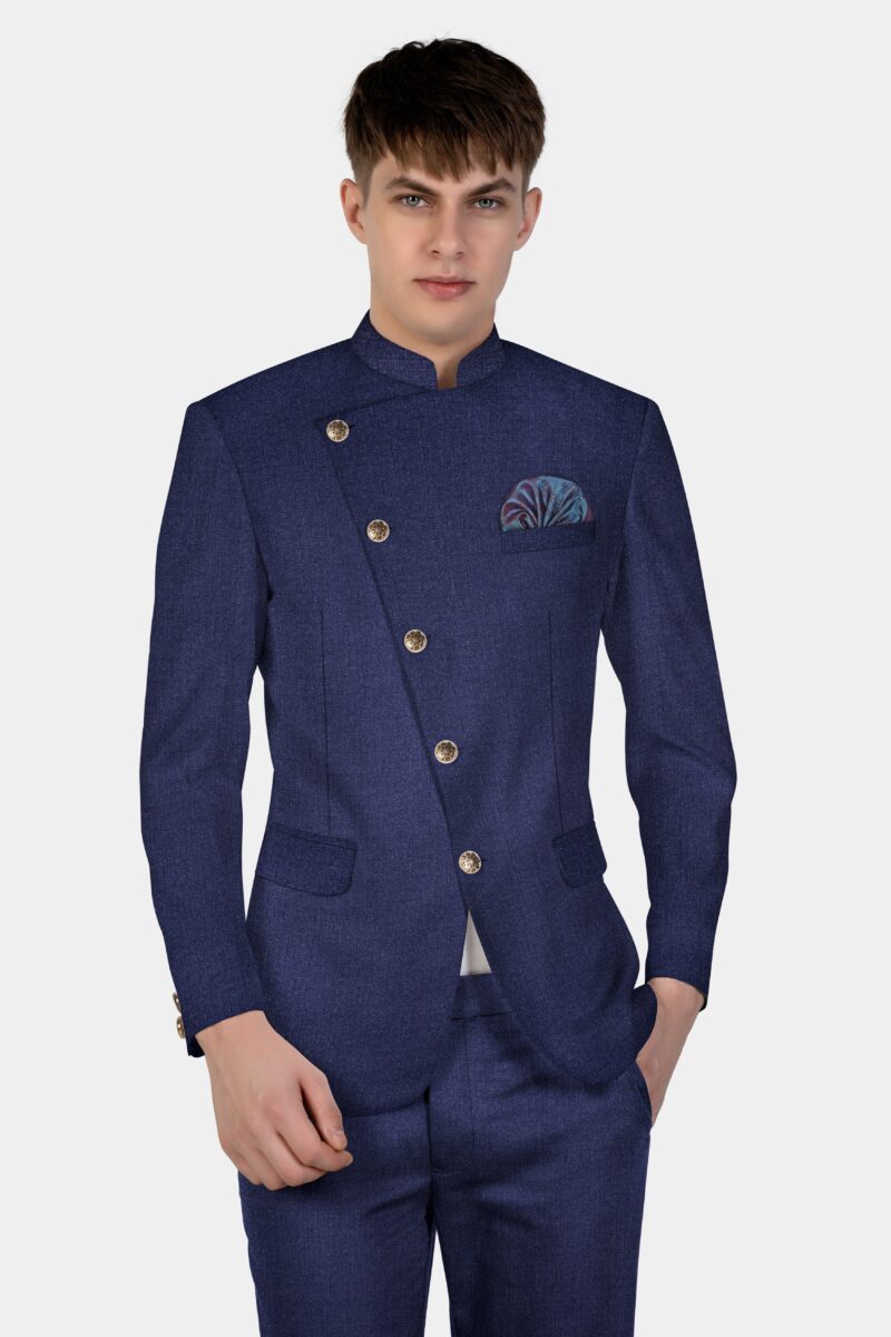 Ebony Clay Blue Textured Wool Blend Cross Placket Bandhgala Suit - Image 18