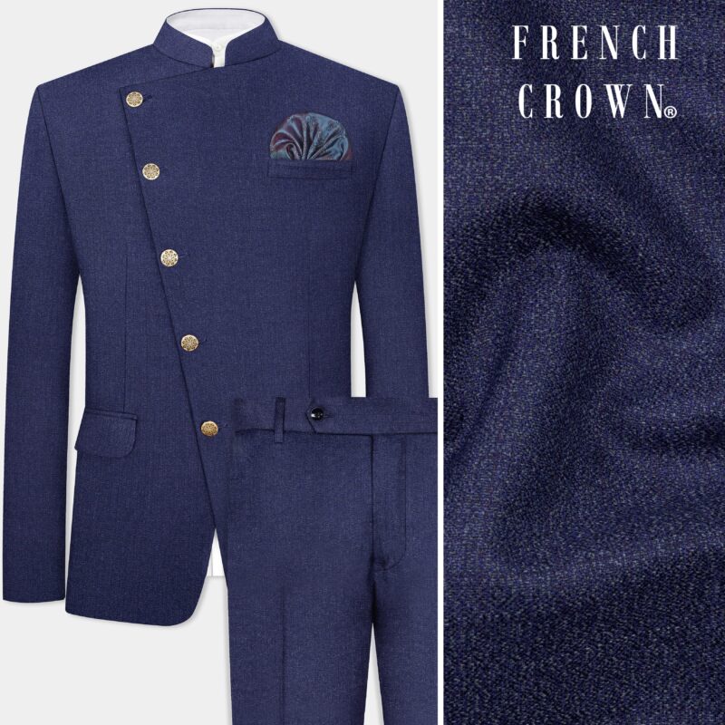 Ebony Clay Blue Textured Wool Blend Cross Placket Bandhgala Suit