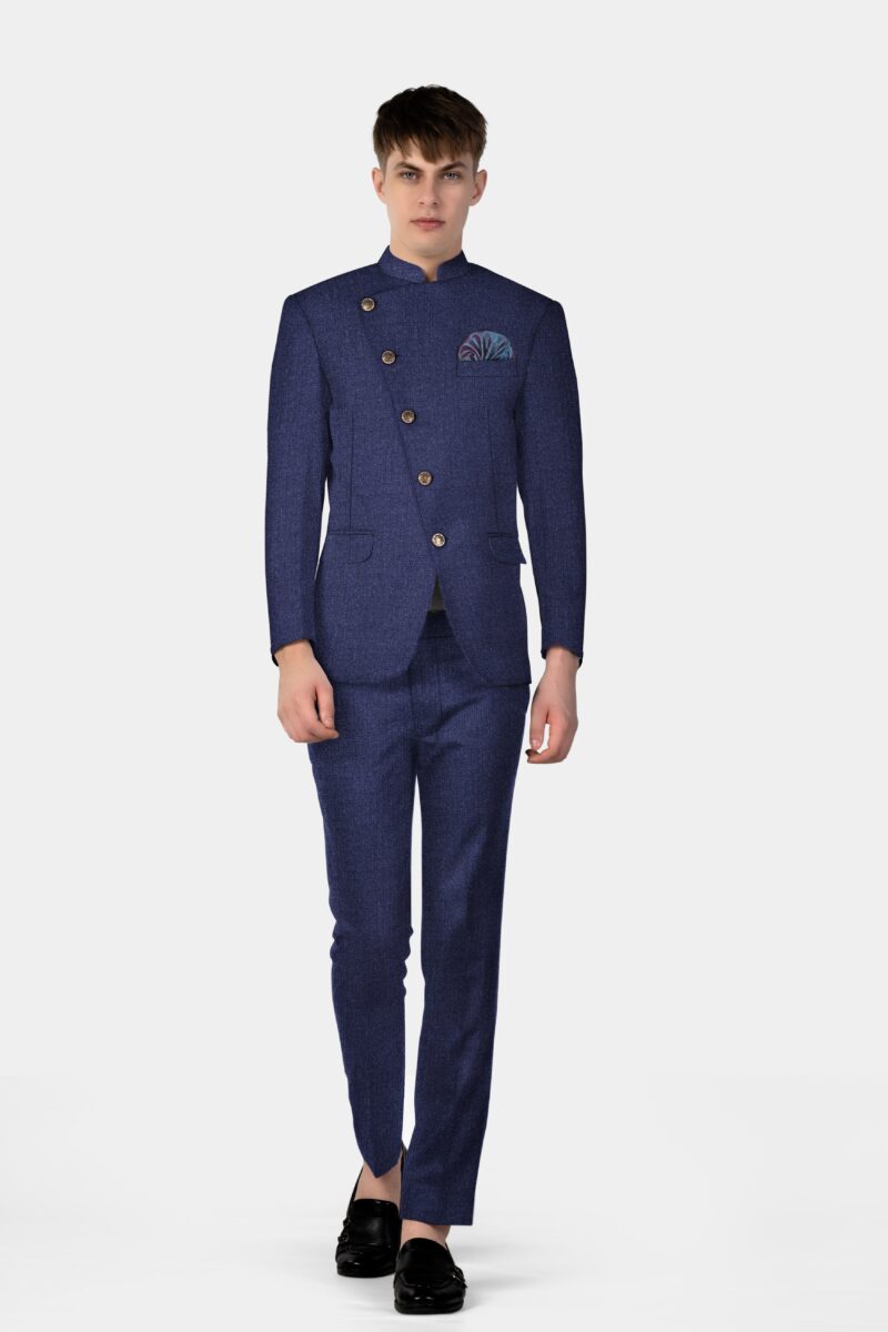 Ebony Clay Blue Textured Wool Blend Cross Placket Bandhgala Suit - Image 20