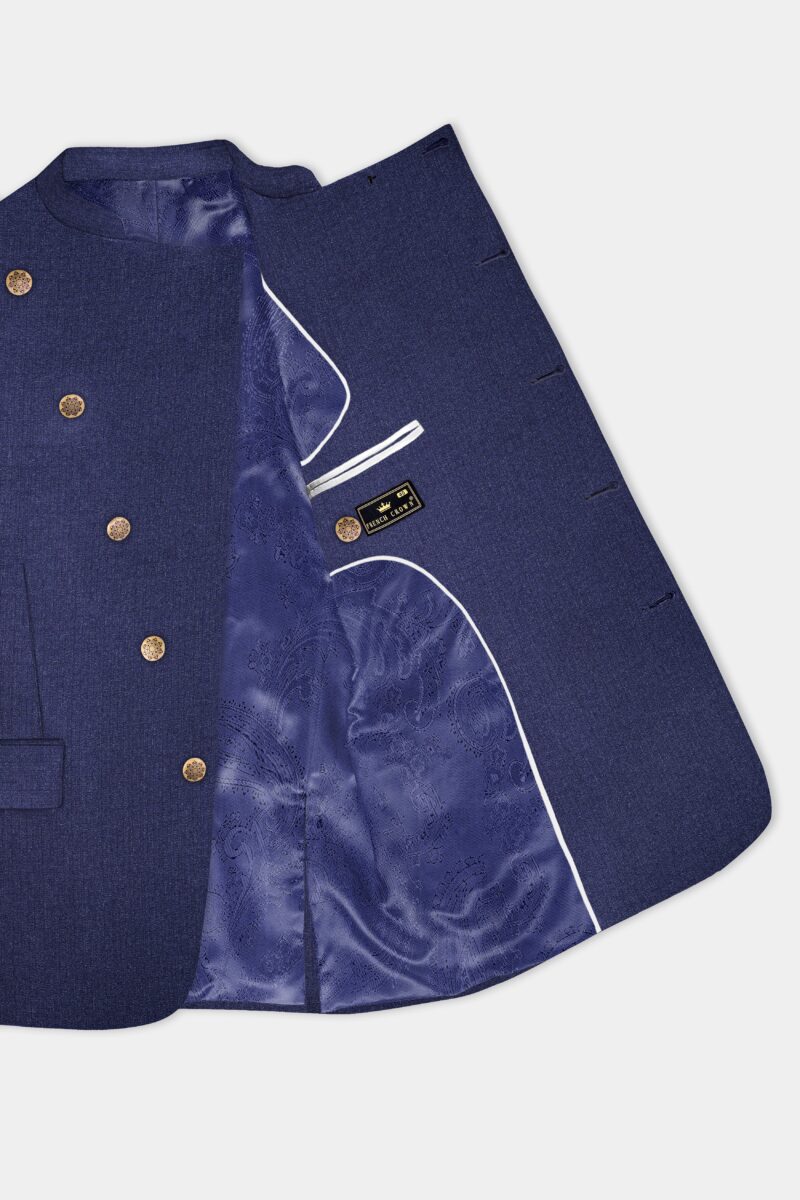 Ebony Clay Blue Textured Wool Blend Cross Placket Bandhgala Suit - Image 4