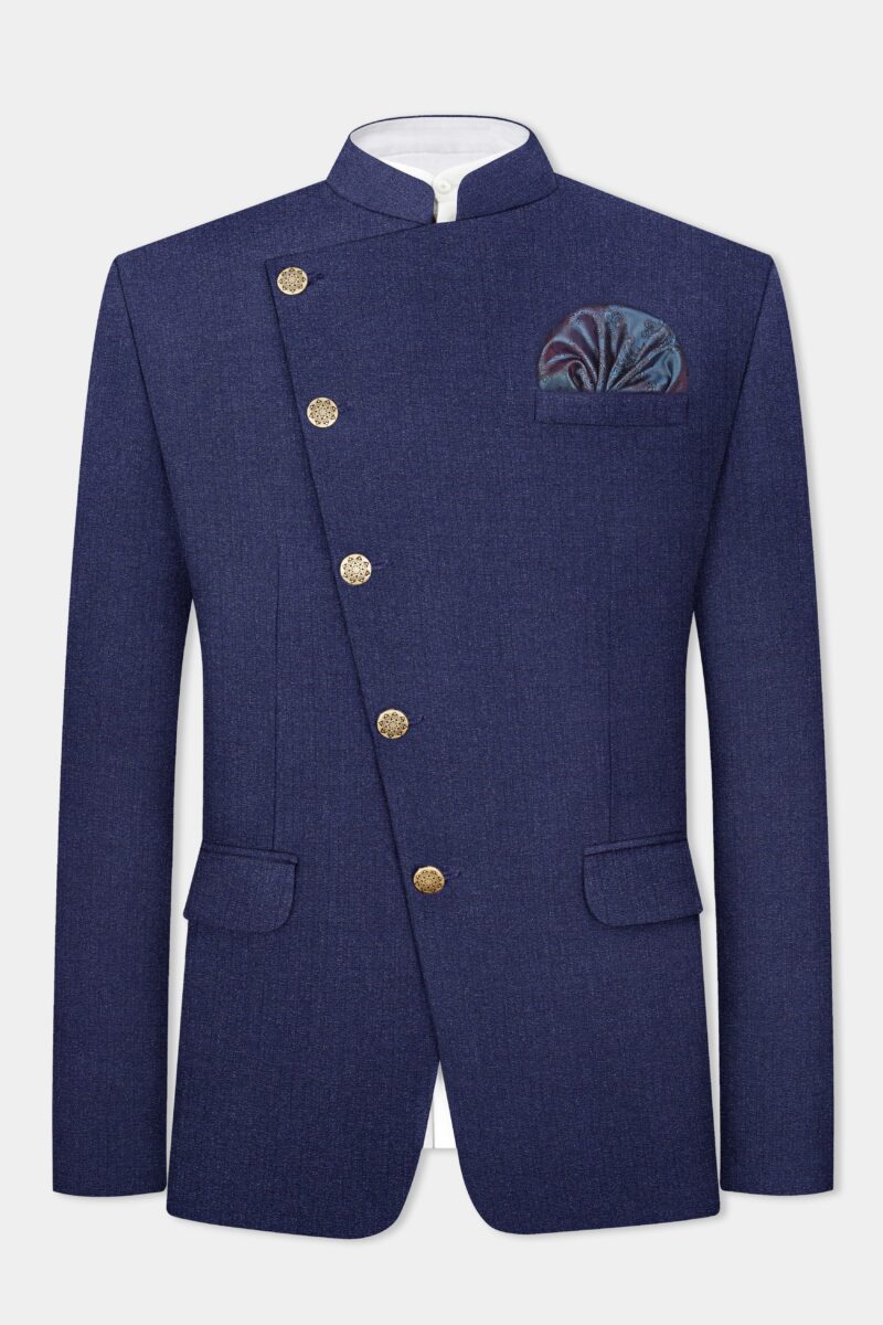 Ebony Clay Blue Textured Wool Blend Cross Placket Bandhgala Suit - Image 6