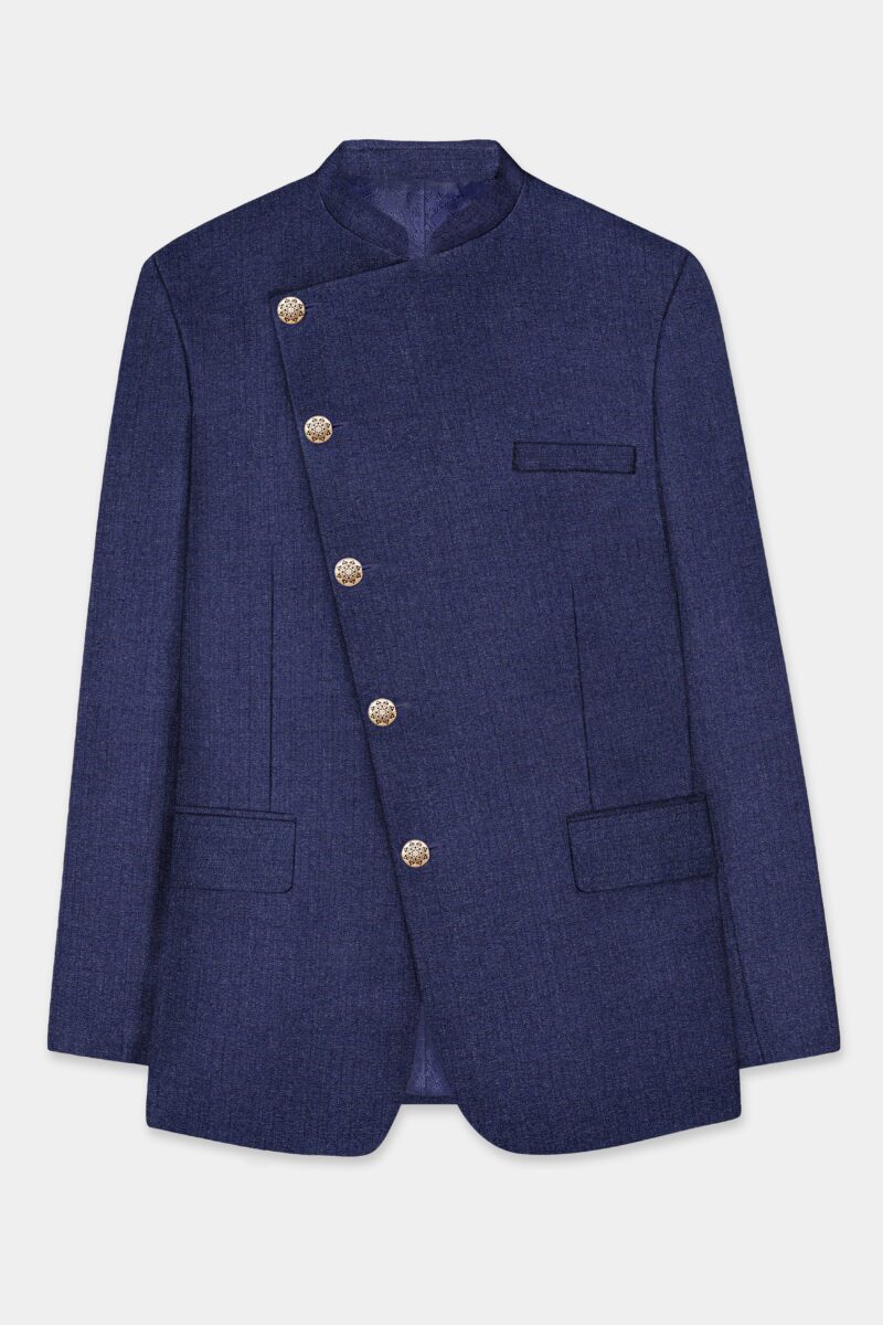 Ebony Clay Blue Textured Wool Blend Cross Placket Bandhgala Suit - Image 7