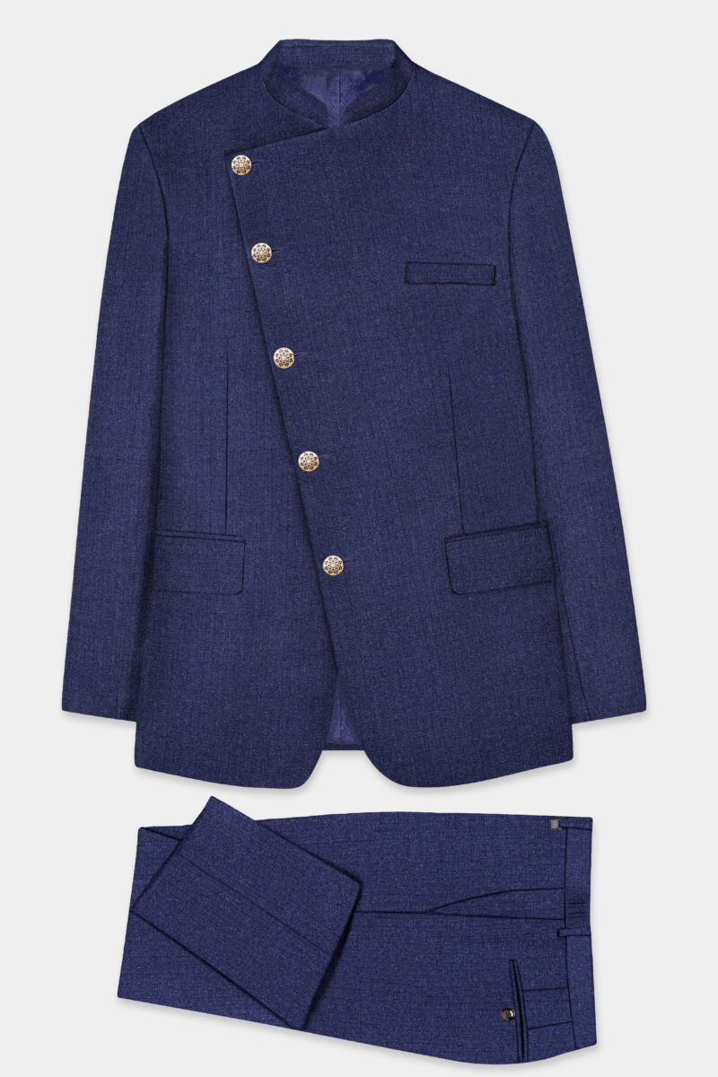 Ebony Clay Blue Textured Wool Blend Cross Placket Bandhgala Suit - Image 9