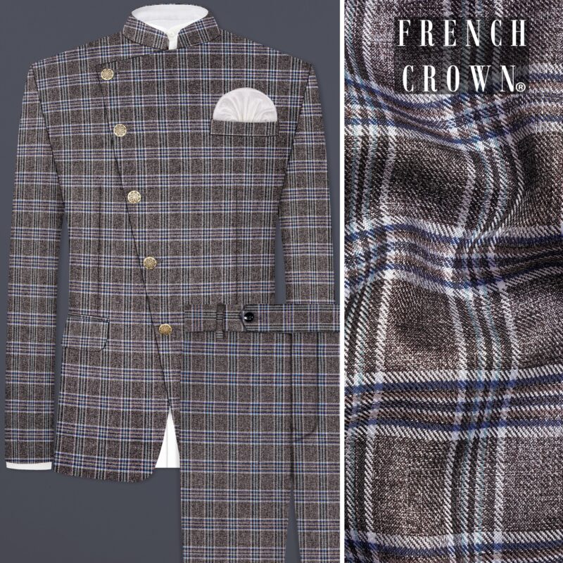 Ironside Grey Plaid Wool Blend Cross Placket Bandhgala Suit
