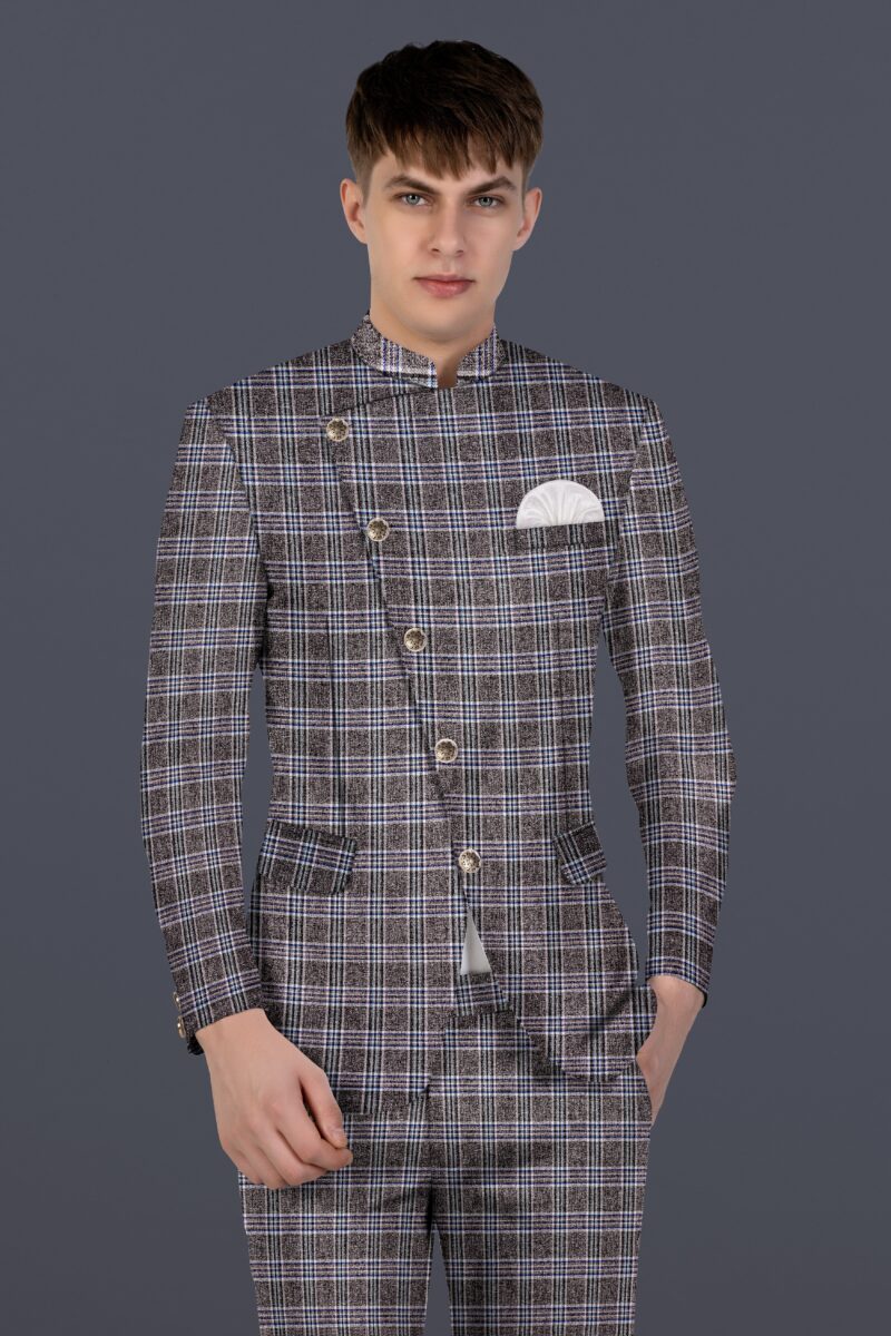 Ironside Grey Plaid Wool Blend Cross Placket Bandhgala Suit - Image 19