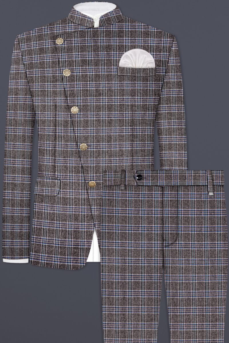 Ironside Grey Plaid Wool Blend Cross Placket Bandhgala Suit - Image 3