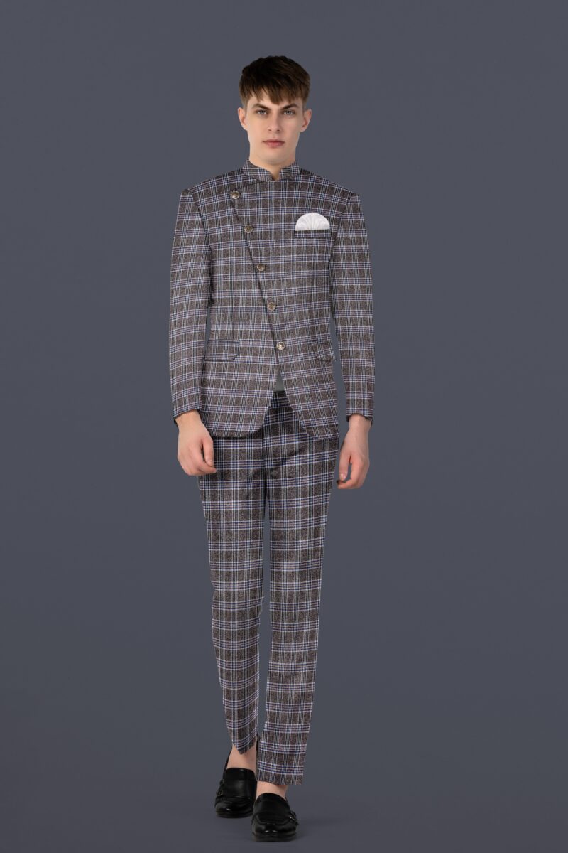 Ironside Grey Plaid Wool Blend Cross Placket Bandhgala Suit - Image 21