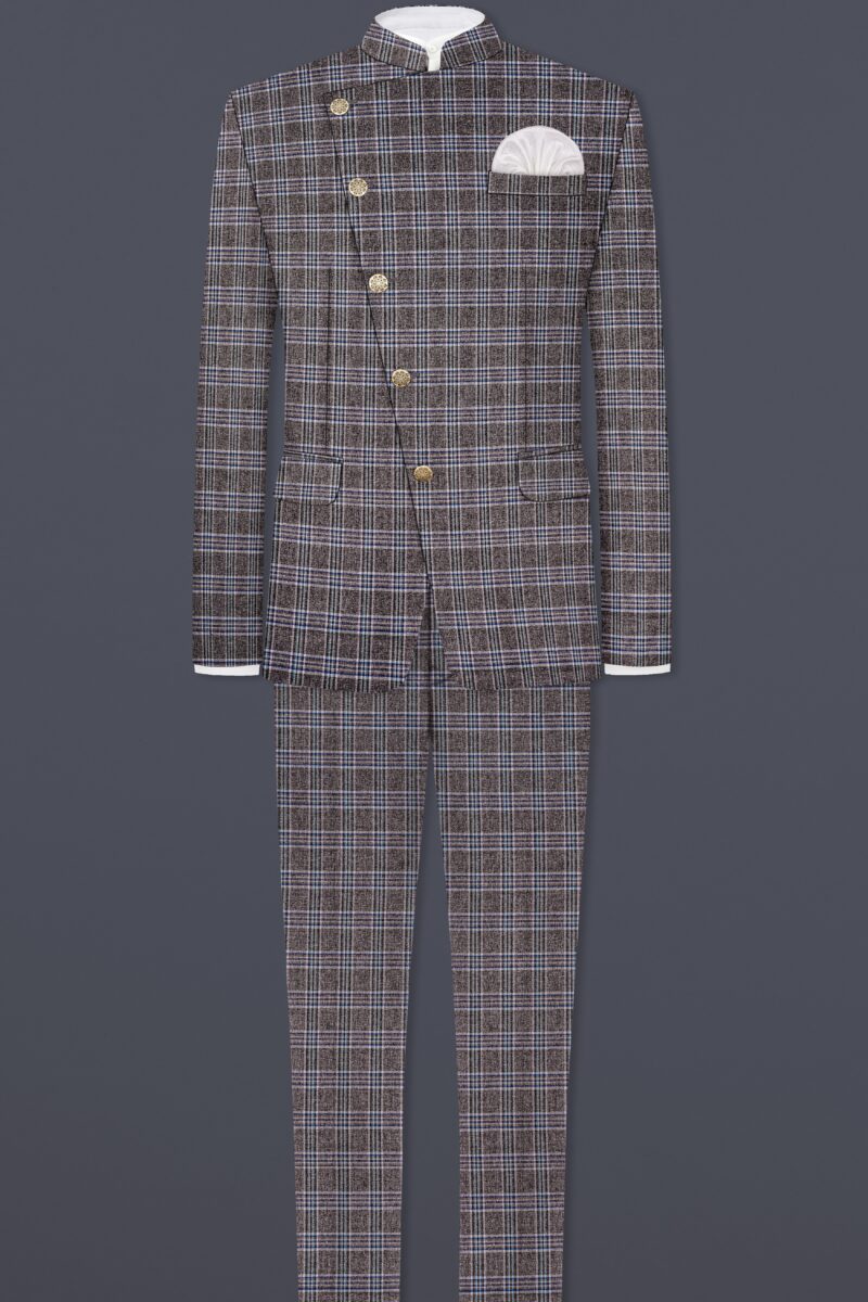 Ironside Grey Plaid Wool Blend Cross Placket Bandhgala Suit - Image 5