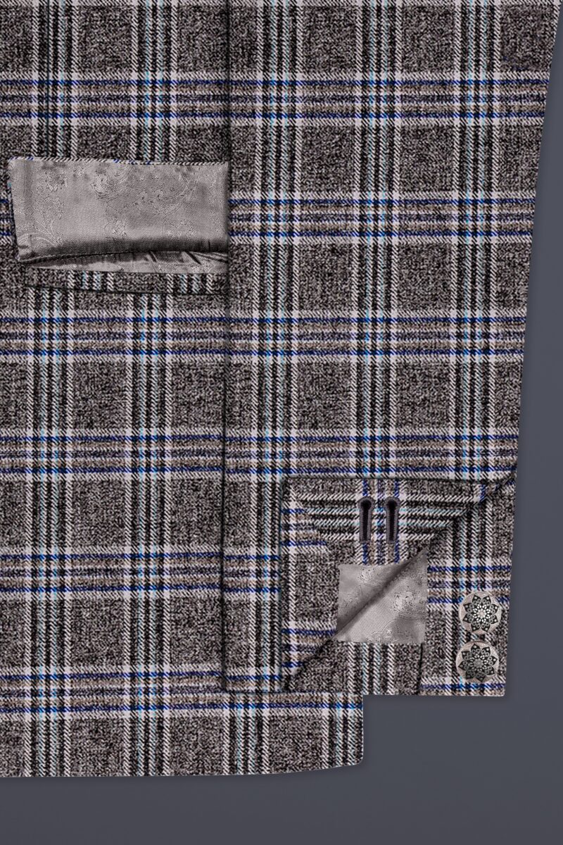 Ironside Grey Plaid Wool Blend Cross Placket Bandhgala Suit - Image 7